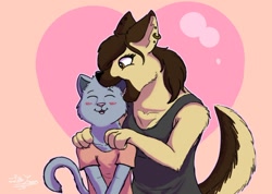 Size: 1280x909 | Tagged: safe, artist:moonlightfan, oc, canine, cat, dog, feline, german shepherd, mammal, russian blue, anthro, abstract background, amber eyes, blushing, clothes, couple, duo, eyelashes, eyes closed, female, fluff, heart, looking at each other, looking at something, magenta background, male, open mouth, paws, sharp teeth, signature, simple background, tail, teeth