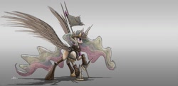 Size: 1287x621 | Tagged: safe, artist:ncmares, princess celestia (mlp), alicorn, equine, fictional species, mammal, pony, feral, friendship is magic, hasbro, my little pony, armor, badass, female, flag, horn, majestic, mare, solo, solo female, tail