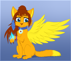 Size: 3500x3027 | Tagged: safe, artist:starshade, oc, oc only, oc:lesik, cat, feline, mammal, feral, blue eyes, brown hair, ear fluff, ears, female, fluff, fur, ginger fur, gradient background, hair, head fluff, high res, orange fur, simple background, solo, solo female, starry eyes, stars, tail, tail fluff, wingding eyes, wings, yellow fur