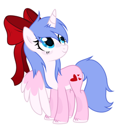 Size: 2445x2620 | Tagged: dead source, safe, artist:alfury, artist:lazuli0209, oc, oc only, oc:rioshi sweet, alicorn, equine, fictional species, mammal, pony, feral, friendship is magic, hasbro, my little pony, bow, female, hair bow, high res, horn, mare, simple background, solo, solo female, tail, white background, wings