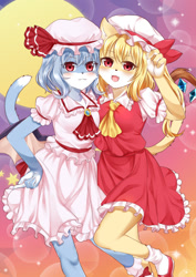 Size: 800x1130 | Tagged: safe, artist:瑠璃燕＠c100 つ13b, flandre scarlet (touhou), remilia scarlet (touhou), cat, feline, mammal, anthro, touhou, 2018, bottomwear, clothes, dress, female, kemono, puffy sleeves, siblings, sister, sisters, skirt, species swap, tail