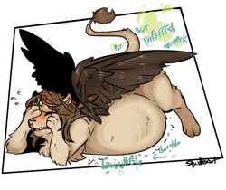 Size: 777x652 | Tagged: suggestive, artist:squidbiscuit, feline, fictional species, mammal, sphinx, feral, big belly, blushing, clothes, digestion, fart, female, impossible fit, maid outfit, tail, vore, wings