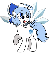 Size: 800x840 | Tagged: safe, artist:arcza, cirno (touhou), elemental creature, equine, fairy, fairy pony, fictional species, ice elemental, mammal, pony, feral, friendship is magic, hasbro, my little pony, touhou, bow, crossover, female, feralized, fur, furrified, ice, ice fairy, mare, ponified, solo, solo female, species swap, tail, white fur, wings
