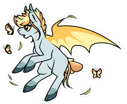 Size: 1373x1125 | Tagged: safe, artist:catdork, oc, oc only, arthropod, bat pony, butterfly, equine, fictional species, insect, mammal, pony, feral, friendship is magic, hasbro, my little pony, cute, fangs, female, leaf, solo, solo female, tail, teeth, wings