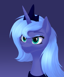 Size: 2331x2787 | Tagged: safe, artist:starshade, princess luna (mlp), alicorn, equine, fictional species, mammal, pony, feral, friendship is magic, hasbro, my little pony, bust, clothes, crown, cute, cyan eyes, ears, eyeshadow, female, gradient background, hair, high res, horn, jewelry, looking at something, mane, mare, peytral, portrait, regalia, smiling, solo, solo female