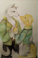 Size: 948x1440 | Tagged: safe, artist:intfighter, oc, oc only, canine, dog, mammal, wolf, anthro, 2015, ambiguous gender, clothes, duo, tail, traditional art