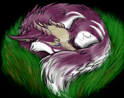 Size: 1172x932 | Tagged: species needed, safe, artist:intfighter, oc, oc only, fictional species, feral, ambiguous gender, grass, horns, sleeping, solo, solo ambiguous, tail