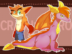 Size: 800x600 | Tagged: safe, artist:gawl-☆, crash bandicoot (crash bandicoot), spyro the dragon (spyro), bandicoot, dragon, fictional species, mammal, marsupial, reptile, western dragon, anthro, feral, crash bandicoot (series), spyro the dragon (series), 2013, bros, crossover, duo, duo male, male, males only, spines, tail, wings
