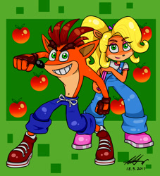 Size: 1276x1408 | Tagged: safe, artist:nl rad, coco bandicoot (crash bandicoot), crash bandicoot (crash bandicoot), bandicoot, mammal, marsupial, anthro, crash bandicoot (series), 2017, apple, brother, brother and sister, duo, female, fruit, male, siblings, sister, wumpa fruit