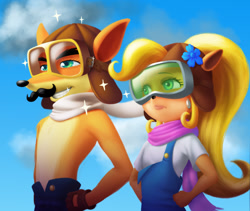 Size: 1207x1021 | Tagged: safe, artist:quesm, coco bandicoot (crash bandicoot), crash bandicoot (crash bandicoot), bandicoot, mammal, marsupial, anthro, crash bandicoot (series), 2014, brother, brother and sister, duo, female, male, pilot, siblings, sister