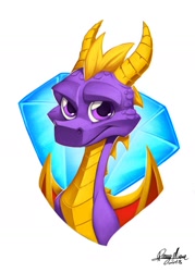 Size: 1024x1428 | Tagged: safe, artist:sommum, spyro the dragon (spyro), dragon, fictional species, reptile, western dragon, feral, spyro the dragon (series), 2018, featured image, gem, male, signature, simple background, solo, solo male, spines, white background, wings