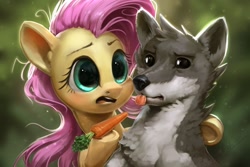 Size: 1080x720 | Tagged: safe, artist:assasinmonkey, fluttershy (mlp), sandra (mlp), canine, equine, fictional species, mammal, pegasus, pony, wolf, feral, friendship is magic, hasbro, my little pony, awoo, black sclera, blep, carnivore confusion, carrot, colored sclera, cute, cute but dumb, do not want, duo, duo female, ears, female, fluff, food, hair, head fluff, herbivore vs carnivore, hooves, looking at someone, mare, pink hair, tongue, tongue out, vegetables