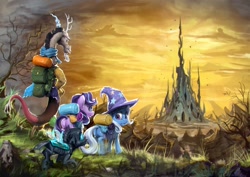 Size: 1062x752 | Tagged: safe, artist:assasinmonkey, discord (mlp), starlight glimmer (mlp), thorax (mlp), trixie (mlp), arthropod, changedling, changeling, draconequus, equine, fictional species, mammal, pony, unicorn, feral, semi-anthro, friendship is magic, hasbro, my little pony, bag, black hair, clothes, cloud, ears, female, floppy ears, grass, group, hair, hat, horn, horns, insect wings, looking at each other, looking at someone, looking back, male, mare, outdoors, reformed four (mlp), scenery, scenery porn, sky, standing, tail, white hair, wings, wizard hat