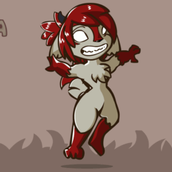 Size: 900x900 | Tagged: safe, artist:skashi95, oc, oc only, oc:smiley cindy (skashi95), demon, fictional species, grinion, mammal, anthro, cc by-nc, creative commons, 2019, 2d, 2d animation, animated, chest fluff, dancing, featureless crotch, female, fluff, fur, gif, hair, horns, laughing, no pupils, red fur, red hair, solo, solo female, tail, teeth, white fur