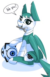 Size: 784x1200 | Tagged: safe, artist:shadowreindeer, jenny wakeman (my life as a teenage robot), wheatley (portal), equine, fictional species, mammal, pegasus, pony, robot, robot pony, feral, friendship is magic, hasbro, my life as a teenage robot, my little pony, nickelodeon, portal (game), valve, crossover, duo, duo male and female, ears, female, feralized, furrified, hooves, male, mare, open mouth, ponified, sitting, species swap, speech bubble, tail, teenager, teeth, text, wings, wrench