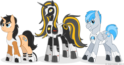 Size: 982x520 | Tagged: safe, artist:delthero, chell (portal), glados (portal), wheatley (portal), equine, fictional species, mammal, pegasus, pony, unicorn, feral, friendship is magic, hasbro, my little pony, portal (game), valve, 2011, abstract background, black hair, black mane, blue eyes, blue hair, blue mane, boots, clothes, crossover, cutie mark, female, feralized, frowning, furrified, group, hair, horn, long fall horseshoe, looking at you, male, mane, mare, ponified, shoes, simple background, smiling, species swap, stallion, striped mane, tail, topwear, transparent background, trio, wings, yellow eyes
