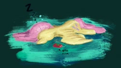 Size: 1148x646 | Tagged: safe, artist:dumbhorsexd, artist:dummyhorse, fluttershy (mlp), equine, fictional species, mammal, pegasus, pony, feral, friendship is magic, hasbro, my little pony, 2020, atg 2020, cutie mark, ears, feathered wings, feathers, female, hair, hooves, juice, lying down, mane, mare, newbie artist training grounds, passed out, pink hair, pink mane, prone, sleeping, solo, solo female, spread wings, tail, wings, zzz