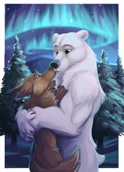 Size: 924x1280 | Tagged: safe, artist:yookie, oc, oc:bear bear, oc:mykie (plushiepawz), bear, canine, mammal, polar bear, wolf, feral, aurora borealis, chest fluff, cuddling, duo, duo male, ear fluff, face to face, fluff, hand on chest, hug, interspecies, kissing, male, male/male, males only, outdoors, shipping, size difference, snow, tail, tree