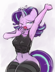 Size: 424x553 | Tagged: safe, artist:sugar morning, starlight glimmer (mlp), equine, fictional species, mammal, pony, unicorn, anthro, friendship is magic, hasbro, my little pony, adorasexy, anthrofied, big breasts, bottomless, breasts, clothes, crop top, curvy, cute, female, horn, legwear, lidded eyes, messy mane, midriff, morning ponies, nudity, one eye closed, partial nudity, sexy, sketch, solo, solo female, stretching, tail, tank top, thigh highs, thighs, topwear, wide hips, yawning