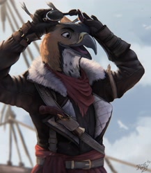 Size: 3300x3808 | Tagged: safe, artist:kalfyart, bird, bird of prey, falcon, anthro, beak, belt, black feathers, brown feathers, clothes, ear tuft, feathers, flight jacket, goggles, gun, hand hold, high res, holding, holster, jacket, male, open mouth, signature, solo, solo male, spotted body, topwear, weapon, white feathers