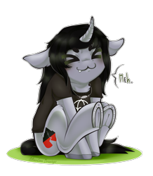 Size: 1695x1945 | Tagged: safe, artist:silverlove_drawings, equine, fictional species, mammal, pony, unicorn, feral, friendship is magic, hasbro, kellin quinn, my little pony, sleeping with sirens, 2020, :3, black hair, black mane, black tail, clothes, commission, curved horn, cutie mark, digital art, disguise, disguised siren, fangs, feralized, floppy ears, fur, furrified, gray fur, hair, hooves, horn, horseshoes, jewelry, male, mane, meh, necklace, ponified, shirt, simple background, sitting, smiling, solo, solo male, speech bubble, stallion, t-shirt, tail, teeth, topwear, transparent background, underhoof, x3, ych result