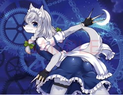 Size: 742x574 | Tagged: safe, artist:瑠璃燕＠c100 つ13b, sakuya izayoi (touhou), canine, dog, mammal, anthro, touhou, 2016, bottomwear, clothes, cute, female, knife, maid, maid headdress, maid outfit, skirt, solo, solo female, species swap, tail