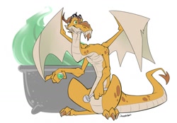 Size: 1280x892 | Tagged: safe, artist:dragondrawer, dragon, fictional species, western dragon, semi-anthro, bottle, cauldron, claws, goggles, green eyes, hand hold, holding, horns, ladle, male, reptile feet, scales, sharp teeth, signature, sitting, solo, solo male, spotted body, spread wings, tail, tan body, tan scales, teeth, webbed wings, wings, yellow body