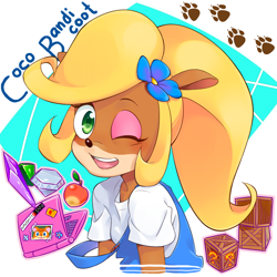 Size: 1000x1000 | Tagged: safe, artist:ℳμte !ra, coco bandicoot (crash bandicoot), pura (crash bandicoot), bandicoot, mammal, marsupial, anthro, crash bandicoot (series), 2016, apple, computer, crate, crystal, cute, female, fruit, gem, laptop, looking at you, naughty dog logo, one eye closed, photo, solo, solo female, winking, wumpa fruit