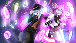 Size: 1920x1080 | Tagged: safe, artist:stariaat, oc, oc only, canine, cat, feline, mammal, wolf, anthro, plantigrade anthro, osu!, 16:9, blue eyes, blue hair, bottomwear, bow, circle, clothes, color porn, cute, duo, duo female, female, fur, hair, hat, pink hair, playing card, skirt, tail, wallpaper, white fur
