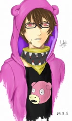 Size: 768x1280 | Tagged: safe, artist:blue_formalin, oc, oc only, human, mammal, nintendo, pokémon, 2015, animal costume, bust, clothes, costume, face mask, glasses, hoodie, human only, male, not furry focus, signature, slowpoke costume, solo, solo male, topwear
