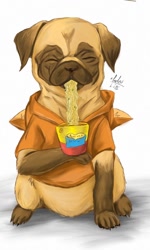 Size: 768x1280 | Tagged: safe, artist:blue_formalin, oc, oc only, canine, dog, mammal, feral, 2015, ambiguous gender, clothes, cup, cup noodles, eating, eyes closed, hoodie, signature, sitting, smiling, solo, solo ambiguous, topwear