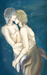 Size: 768x1222 | Tagged: safe, artist:blue_formalin, oc, oc only, cetacean, fictional species, fish, mammal, mermaid, orca, humanoid, 2015, abs, blonde hair, eyes closed, fins, gray hair, hair, hug, kissing, light skin, male, male/male, merman, muscles, nudity, tail, underwater, water
