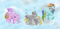 Size: 1280x626 | Tagged: safe, artist:kirbyliscious, derpy hooves (mlp), rainbow dash (mlp), equine, fictional species, mammal, pegasus, pony, feral, friendship is magic, hasbro, my little pony, 2020, annoyed, atg 2020, cloud, eyes closed, feathered wings, feathers, female, flying, group, hair, mane, mare, newbie artist training grounds, on a cloud, rainbow hair, rainbow mane, rainbow tail, sky, sleeping, smiling, spread wings, tail, trio, trio female, upside down, wings, zzz