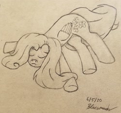 Size: 2206x2064 | Tagged: safe, artist:blueblaze95, fluttershy (mlp), equine, fictional species, mammal, pegasus, pony, feral, friendship is magic, hasbro, my little pony, 2020, atg 2020, black and white, eyes closed, feathered wings, feathers, female, folded wings, grayscale, high res, lying down, mare, monochrome, newbie artist training grounds, passed out, prone, signature, simple background, sleeping, solo, solo female, tail, traditional art, white background, wings
