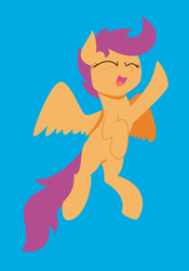 Size: 2884x4130 | Tagged: safe, artist:blueblaze95, artist:lollipony, scootaloo (mlp), equine, fictional species, mammal, pegasus, pony, feral, friendship is magic, hasbro, my little pony, blue background, eyes closed, feathered wings, feathers, female, filly, foal, happy, high res, open mouth, simple background, solo, solo female, spread wings, tail, wings, young