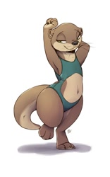 Size: 1250x2000 | Tagged: safe, artist:louart, mammal, mustelid, otter, semi-anthro, 2020, 2d, armpits, bedroom eyes, belly button, black nose, claws, clothes, countershading, cute, digital art, ears, elbow fluff, female, fluff, fur, green eyes, happy, head fluff, one-piece swimsuit, paws, signature, simple background, solo, solo female, stretching, swimsuit, tail, tan body, tan fur, thighs, whiskers, white background