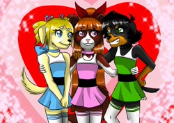 Size: 1024x724 | Tagged: safe, artist:kittelz98, blossom (the ppgs), bubbles (the ppgs), buttercup (the ppgs), border collie, canine, dog, golden retriever, mammal, rottweiler, anthro, cartoon network, the powerpuff girls, anthrofied, bottomwear, clothes, dogified, dress, female, females only, furrified, group, heart background, siblings, sister, sisters, skirt, species swap, tail, trio, trio female