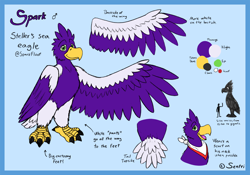 Size: 1280x895 | Tagged: safe, artist:sparkfloof, oc, oc only, oc:spark (sparkfloof), bird, bird of prey, eagle, sea eagle, steller's sea eagle, feral, bandanna, beak, bird feet, blue background, cheek fluff, chest fluff, claws, clothes, color palette, feathers, fluff, green eyes, head fluff, leg fluff, looking at you, male, purple feathers, reference sheet, silhouette, simple background, size comparison, solo, solo male, spread wings, tail, tail feathers, talons, white feathers, wings, yellow body