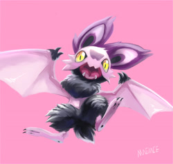 Size: 2480x2362 | Tagged: safe, artist:magiace, bat, fictional species, mammal, noibat, feral, nintendo, pokémon, ambiguous gender, digital art, fangs, fluff, front view, high res, open mouth, pink background, simple background, solo, solo ambiguous, tail, teeth, wings, yellow eyes