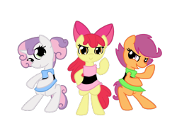 Size: 800x600 | Tagged: safe, artist:otterlore, apple bloom (mlp), blossom (the ppgs), bubbles (the ppgs), buttercup (the ppgs), scootaloo (mlp), sweetie belle (mlp), earth pony, equine, fictional species, mammal, pegasus, pony, unicorn, semi-anthro, cartoon network, friendship is magic, hasbro, my little pony, the powerpuff girls, bottomwear, bow, clothes, cosplay, crossover, cutie mark crusaders (mlp), dress, female, females only, filly, foal, front view, horn, skirt, tail, trio female, young