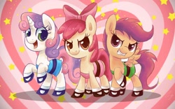 Size: 1024x640 | Tagged: safe, artist:steffy-beff, apple bloom (mlp), blossom (the ppgs), bubbles (the ppgs), buttercup (the ppgs), scootaloo (mlp), sweetie belle (mlp), earth pony, equine, fictional species, mammal, pegasus, pony, unicorn, feral, cartoon network, friendship is magic, hasbro, my little pony, the powerpuff girls, bottomwear, bow, clothes, cosplay, crossover, cutie mark crusaders (mlp), dress, female, females only, filly, foal, front view, group, heart background, horn, mary janes, skirt, tail, trio, trio female, young