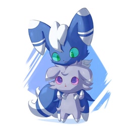 Size: 800x800 | Tagged: safe, artist:nevedoodle, cat, espurr, feline, fictional species, mammal, meowstic, anthro, nintendo, pokémon, ambiguous gender, blue fur, digital art, duo, fluff, front view, fur, green eyes, head fluff, looking down, male, multiple tails, purple eyes, simple background, tail, two tails, white background