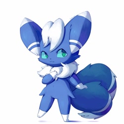 Size: 800x800 | Tagged: safe, artist:nevedoodle, fictional species, meowstic, anthro, nintendo, pokémon, blue fur, digital art, front view, fur, green eyes, head fluff, male, multiple tails, simple background, solo, solo male, tail, two tails, white background