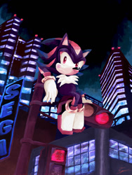 Size: 977x1301 | Tagged: safe, artist:missneens, shadow the hedgehog (sonic), hedgehog, mammal, anthro, sega, sonic the hedgehog (series), 2014, black fur, building, chest fluff, city, clothes, digital art, fluff, frowning, fur, gloves, lineless, male, night, night sky, quills, red eyes, shoes, sitting, sky, sneakers, solo, solo male, street light
