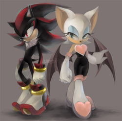 Size: 900x889 | Tagged: dead source, safe, artist:luleiya, rouge the bat (sonic), shadow the hedgehog (sonic), bat, hedgehog, mammal, anthro, sega, sonic the hedgehog (series), 2013, bat wings, black fur, boots, chest fluff, clothes, digital art, duo, female, fluff, front view, fur, gloves, gray background, green eyes, male, quills, red eyes, shadow, shoes, simple background, sneakers, tail, watermark, webbed wings, white fur, wings