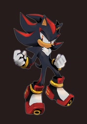 Size: 1280x1811 | Tagged: safe, artist:cylent-nite, shadow the hedgehog (sonic), hedgehog, mammal, anthro, sega, sonic the hedgehog (series), 2020, black fur, chest fluff, clothes, digital art, fluff, front view, fur, gloves, gray background, male, quills, red eyes, shoes, simple background, sneakers, solo, solo male, tail