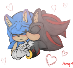 Size: 2535x2366 | Tagged: safe, artist:shadalethehedgehog, shadow the hedgehog (sonic), sonic the hedgehog (sonic), hedgehog, mammal, anthro, sega, sonic the hedgehog (series), 2016, black fur, blue fur, chest fluff, clothes, digital art, duo, duo male, ear fluff, eyes closed, fluff, fur, gloves, heart, high res, holding, holding hands, kissing, male, male/male, males only, quills, shipping, signature, simple background, sonadow (sonic), watermark, white background