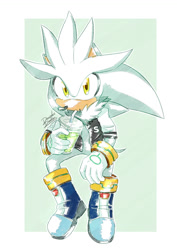 Size: 815x1154 | Tagged: safe, artist:danielasdoodles, silver the hedgehog (sonic), hedgehog, mammal, anthro, sega, sonic the hedgehog (series), 2018, abstract background, amber eyes, boots, chest fluff, clothes, digital art, drink, fluff, front view, fur, gloves, jacket, male, quills, shoes, sitting, solo, solo male, straw, tail, topwear, white fur