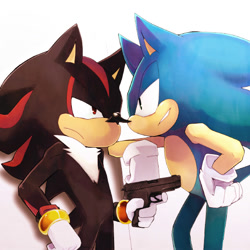 Size: 550x550 | Tagged: safe, artist:niwa0w0, shadow the hedgehog (sonic), sonic the hedgehog (sonic), hedgehog, mammal, anthro, sega, sonic the hedgehog (series), 2010, angry, black fur, blue fur, chest fluff, clothes, digital art, duo, duo male, fluff, frowning, fur, gloves, green eyes, grin, gun, hand hold, holding, leaning, looking at each other, male, males only, quills, red eyes, side view, simple background, tail, weapon, white background