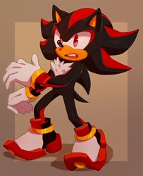 Size: 3331x4096 | Tagged: safe, artist:bongwater777, shadow the hedgehog (sonic), hedgehog, mammal, anthro, sega, sonic the hedgehog (series), 2020, abstract background, black fur, chest fluff, clothes, digital art, fluff, fur, gloves, high res, male, open mouth, quills, red eyes, shoes, sneakers, solo, solo male, tail